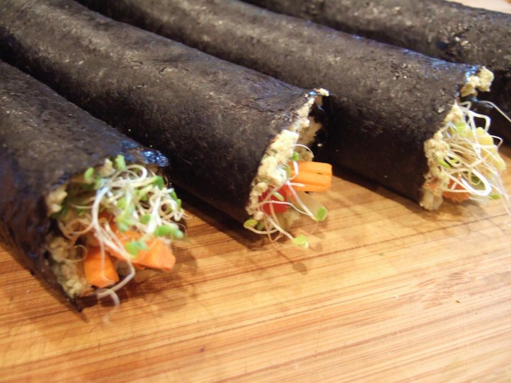 Raw vegan nori rolls -- just waiting to be sliced into delicious bite-sized pieces of yum!